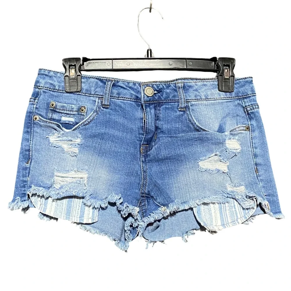 Aeropostale Y2K Shorty Shorts Size 4 Blue Distressed Low Rise Denim Cutoff Micro